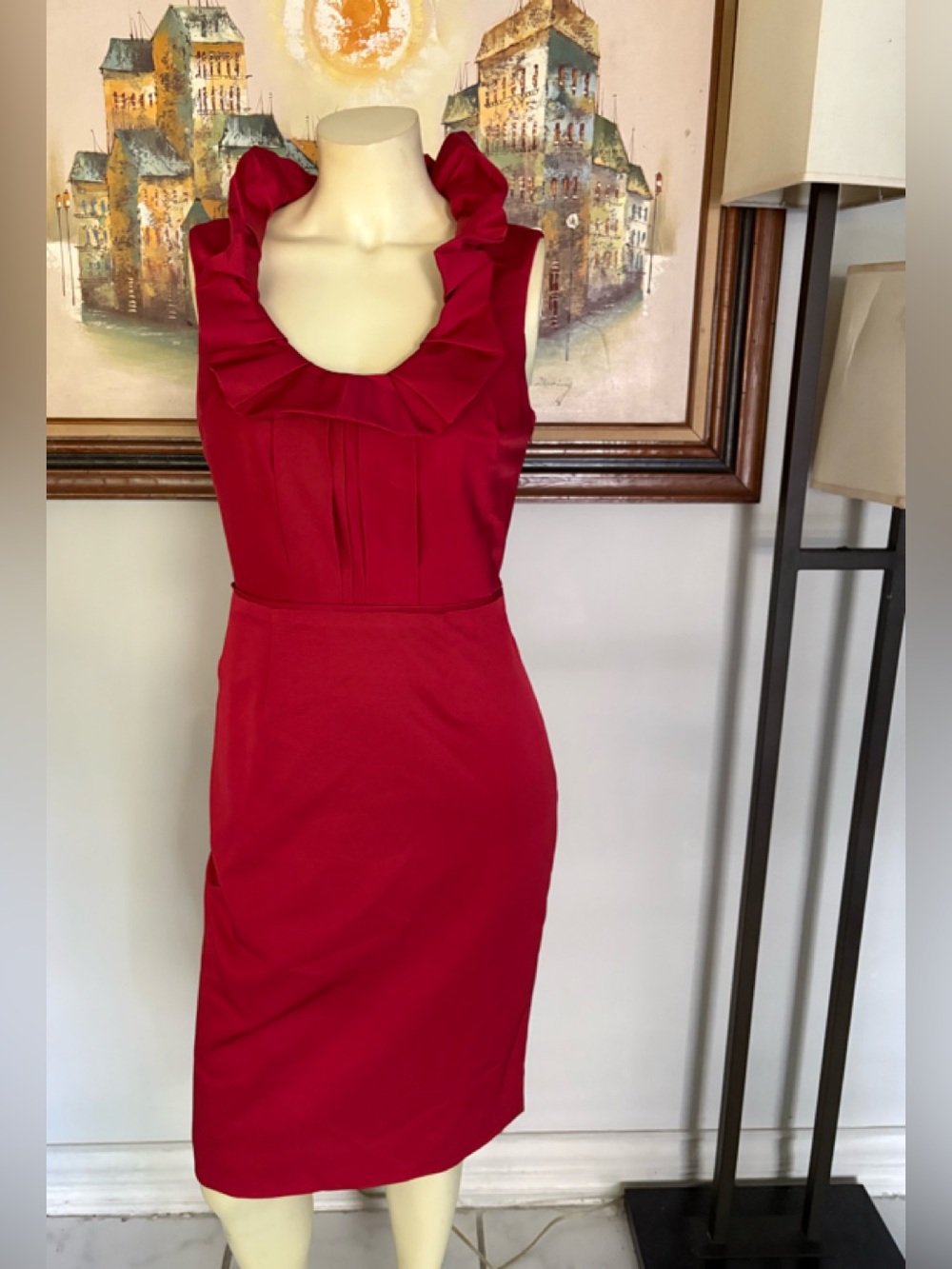 Lela Rose Red Ruffle-Neck Midi Sheath Dress Size 4